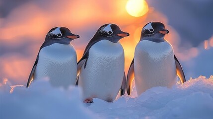 Obraz premium Three Gentoo Penguins at Sunset on Ice