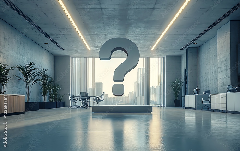 Poster a giant question mark floating in a minimalist office space, representing uncertainty in business fu