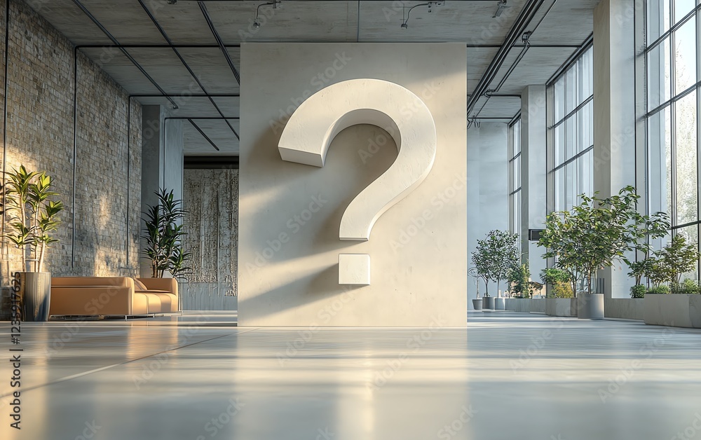 Poster a giant question mark floating in a minimalist office space, representing uncertainty in business fu