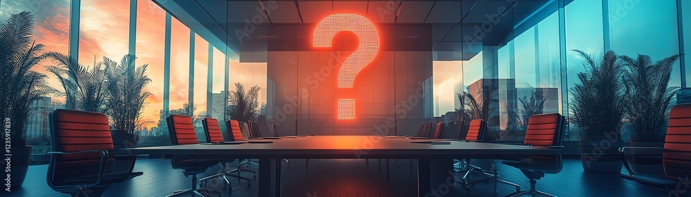 Poster a hightech office environment with a large digital question mark hovering over a conference table, r