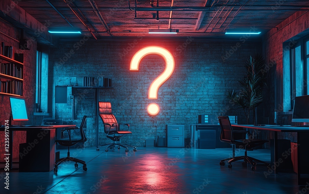 Poster a hightech office environment featuring a large illuminated question mark, representing the unknowns