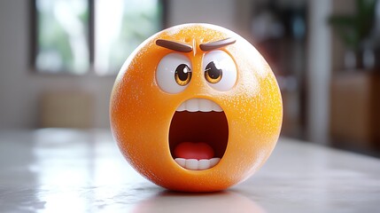 Cartoon orange fruit emoticon screaming on table