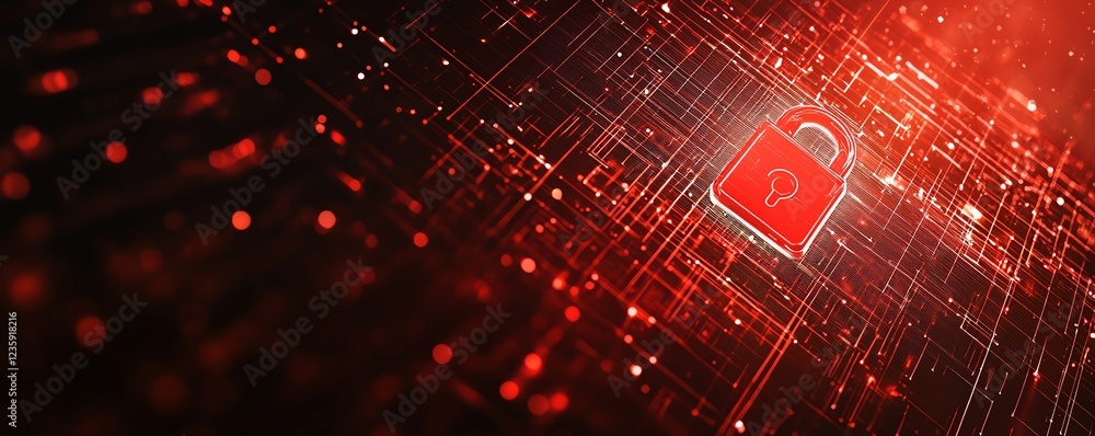 Poster a red lock icon illuminated against a hightech digital matrix background, representing the concept o