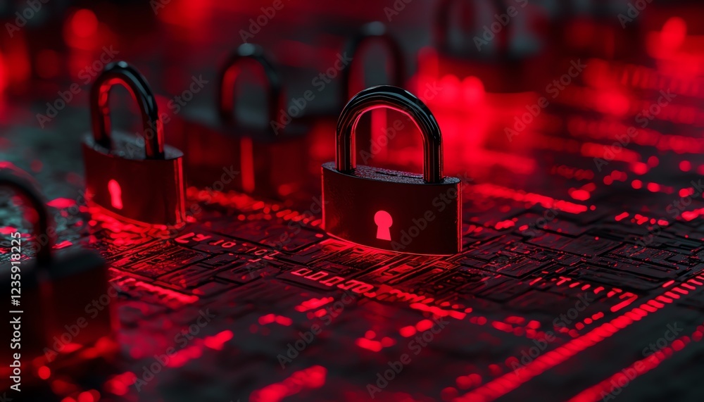 Poster a series of red locks on a glowing digital grid, symbolizing data protection and cybersecurity, mode