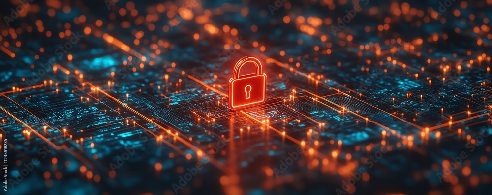 Poster a red lock icon illuminated against a hightech digital matrix background, representing the concept o