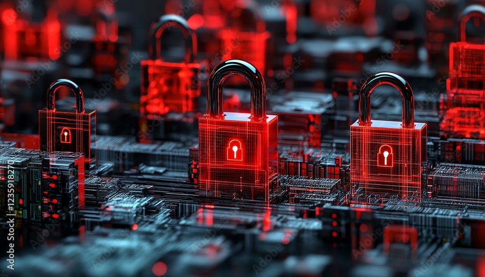 Poster a series of red locks on a glowing digital grid, symbolizing data protection and cybersecurity, mode