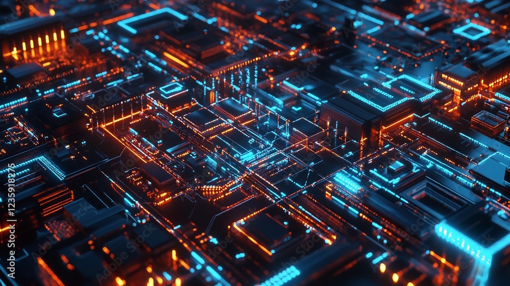 Poster abstract glowing circuit board design with interconnected pathways and vibrant colors