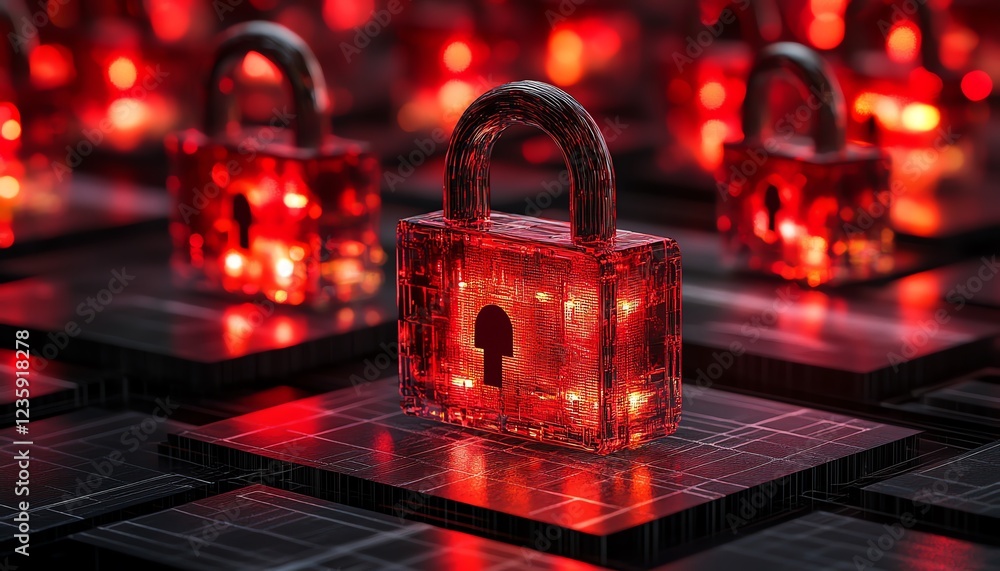 Poster a series of red locks on a glowing digital grid, symbolizing data protection and cybersecurity, mode