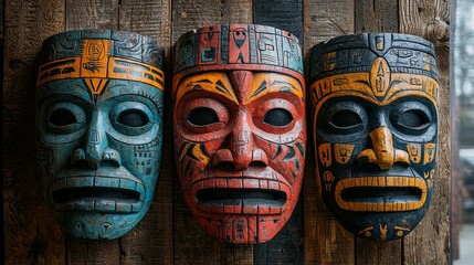 A close-up view of three intricately carved wooden masks showcasing vibrant colors and detailed designs against a rustic wooden backdrop
