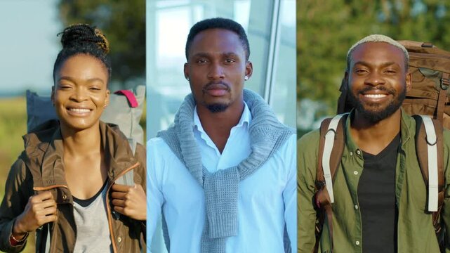 Happy smiling collage of different multiethnic males and females in city look at camera on street. Travel multiscreen tourism outdoors. Close up. Slow motion