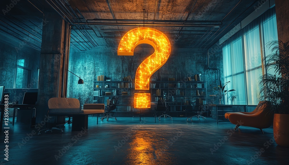 Poster an abstract office scene with a massive question mark suspended in the air, representing uncertainty