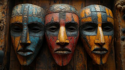 Intricately carved African masks in vibrant colors showcasing cultural artistry and craftsmanship