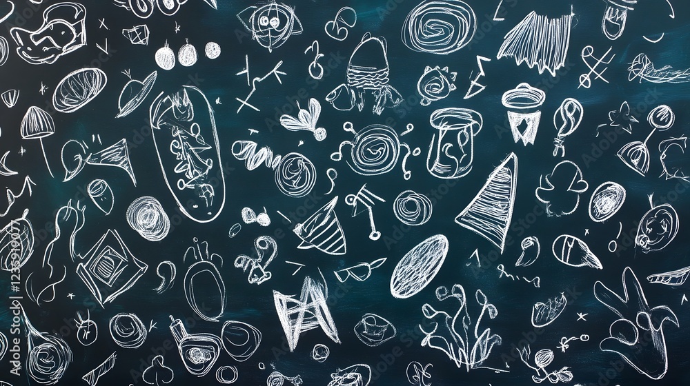 Poster Vibrant chalkboard background filled with a whimsical array of doodles sketches and hand drawn shapes lines and symbols representing a creative and imaginative mindset