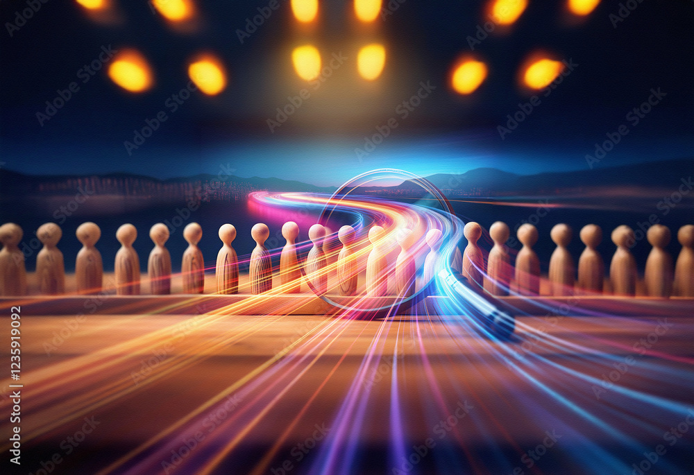 Poster a double exposure image shows rows of wooden figures, a magnifying glass, and streaks of light sugge