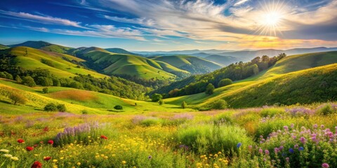 Obraz premium Rolling hills covered in dense foliage and wildflowers under a bright sunny day