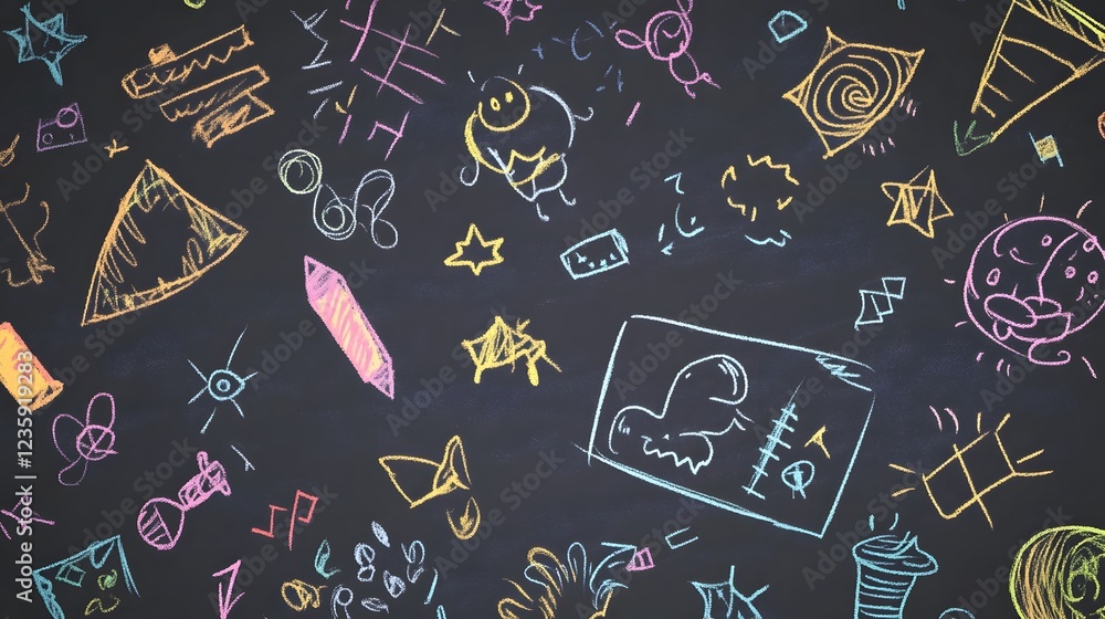 Poster vibrant chalkboard doodle art abstract with colorful hand drawn shapes symbols and scribbles represe