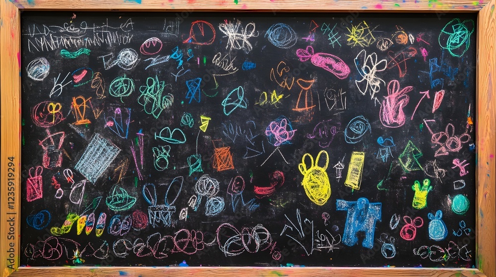 Aufkleber Vibrant chalkboard doodles and sketches in a colorful abstract pattern showcasing creative expression imagination and the dynamic learning environment of education