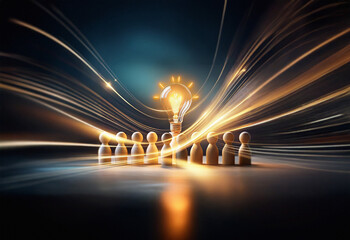 A double exposure image shows wooden pawns illuminated by glowing light trails converging on a brilliant lightbulb, symbolizing teamwork and innovative ideas.