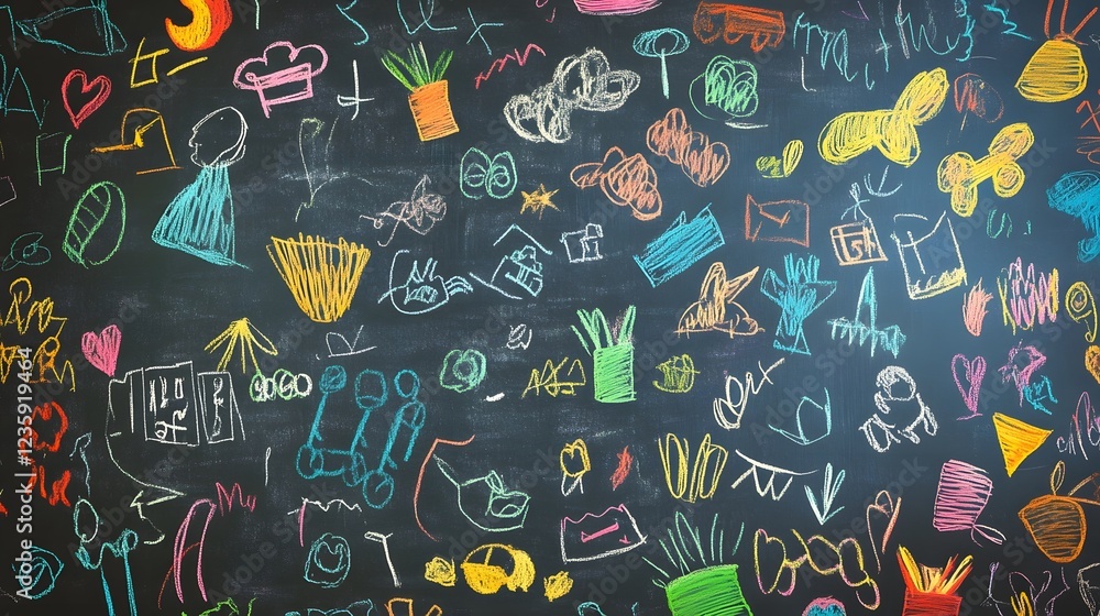 Poster Vibrant chalkboard filled with a variety of colorful doodles sketches and playful abstract symbols representing creativity imagination and a dynamic brainstorming session