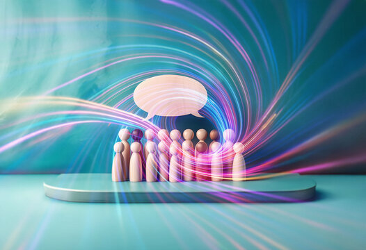 A double exposure image shows a group of wooden figures standing before a speech bubble, surrounded by swirling, vibrant light trails.  It suggests communication, connection, and community.
