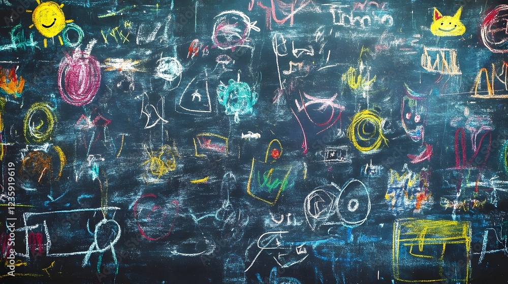 Poster vibrant chalkboard filled with colorful drawings and doodles showcasing a child s imaginative and cr