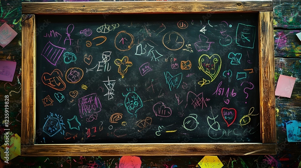 Poster vibrant chalkboard filled with doodles sketches and abstract drawings showcasing creative expression