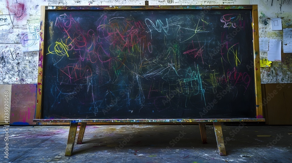 Poster Vibrant chalkboard graffiti covered in an array of colorful scribbles doodles and abstract markings transforming an abandoned classroom into a canvas for creative expression