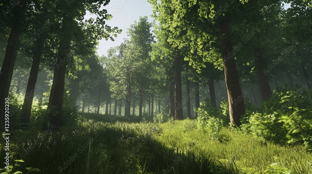 Poster sunlight filters through a dense forest with tall trees and lush green undergrowth creating a serene