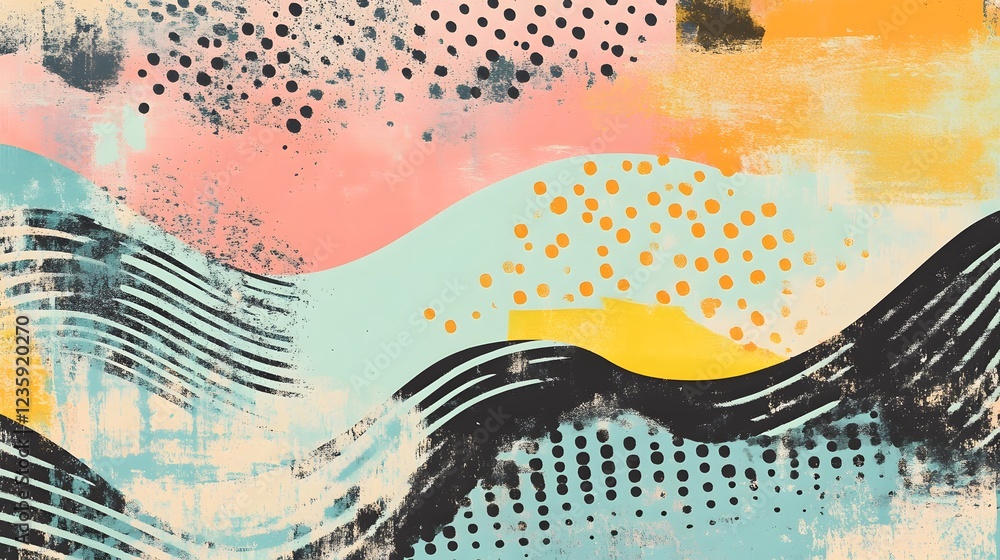 Poster vibrant colorful abstract painting with textured brush strokes and geometric patterns