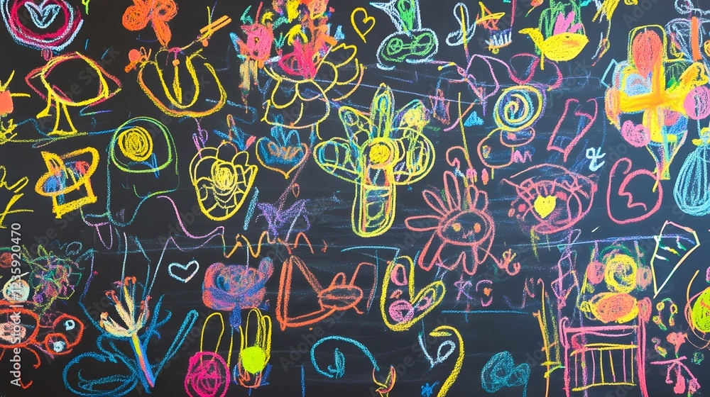 Aufkleber Vibrant colorful abstract art created through a playful and expressive doodle sketch on a chalkboard background  The chaotic eclectic design features a unique imaginative composition with bold