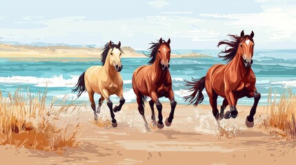 Wild horses running along ocean beach, breathtaking freedom,