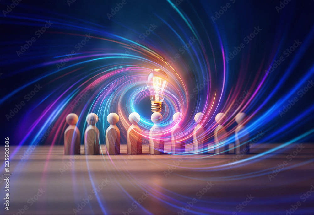 Poster a double exposure image shows wooden figures surrounding a glowing lightbulb at the center of a swir