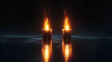 Fototapeta premium Burning Candles on Dark Water Surface Abstract Image