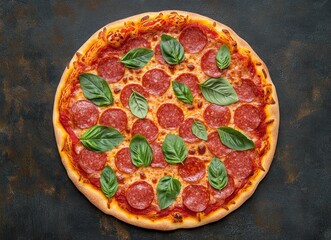 Delicious Pepperoni Pizza with Basil on Dark Background