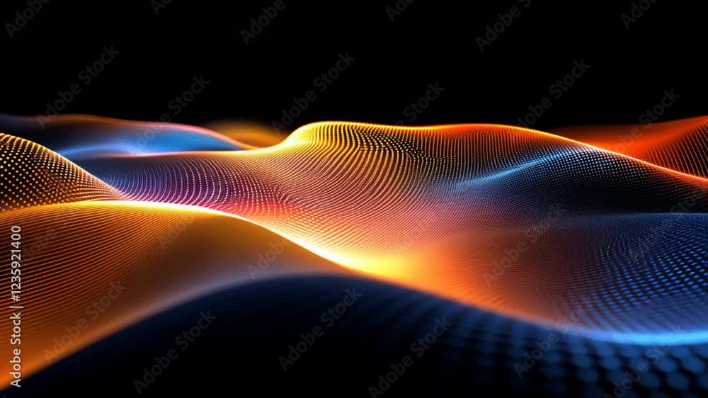 Poster vibrant abstract waves of orange and blue light create flowing digital landscape, showcasing mesmeri