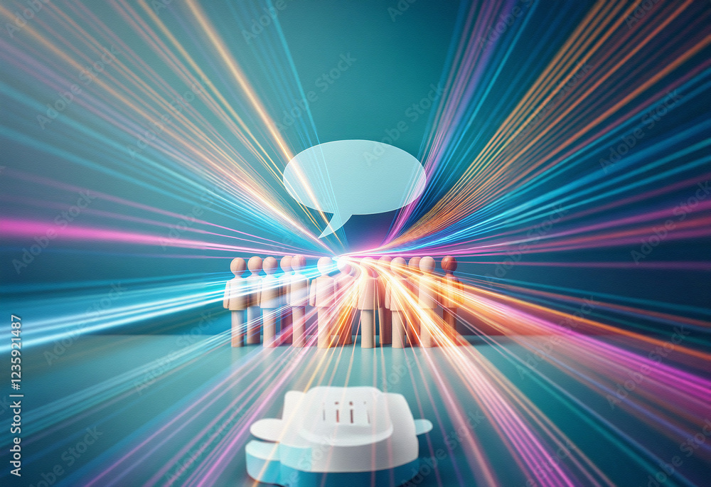 Poster a double exposure image shows a group of figures converging towards a speech bubble, surrounded by v