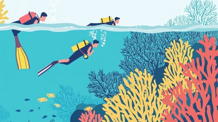 Snorkelers observing coral reef, colorful marine life,