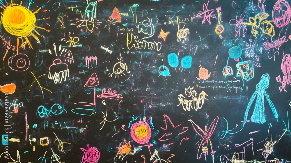 Poster Vibrant colorful chalkboard filled with whimsical doodles sketches and scribbles showcasing the creativity and imagination of a child or student in an educational setting