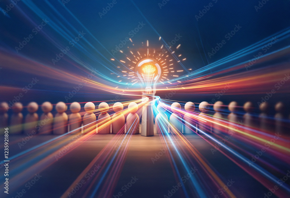 Poster a double exposure image shows a glowing lightbulb rising above a crowd of figures, surrounded by dyn