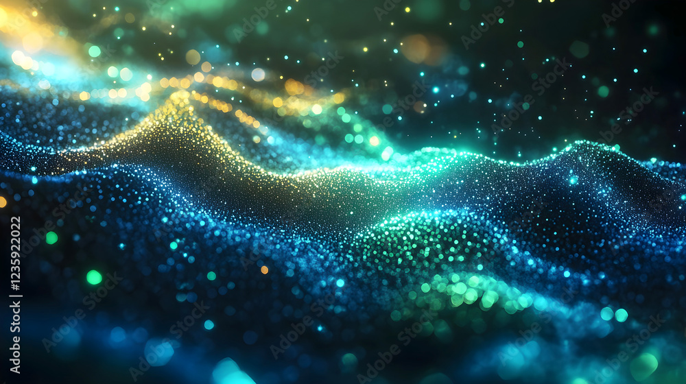 Poster abstract digital wave of glowing particles in vibrant blue and green hues with a bokeh effect, creat