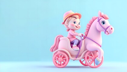 Naklejka premium Cute Child Riding Pink Pony Carriage 3d Render