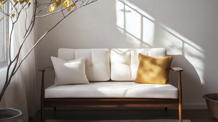 Serene Minimalist Living Room with Sunlight Streaming Through Window - Modern Sofa and Neutral Decor