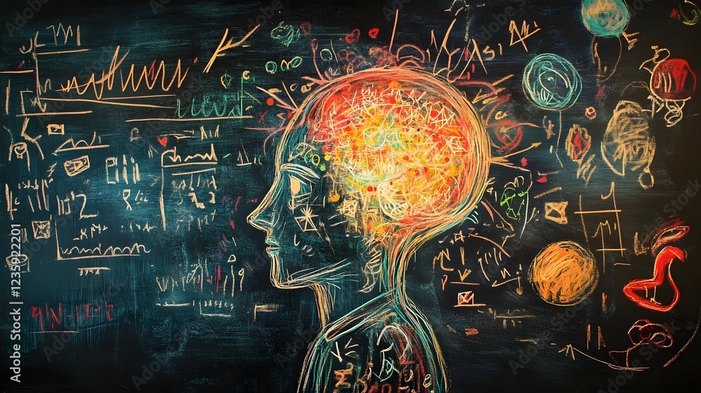 Poster vibrant conceptual depicting the creative mind engaged in intellectual abstract symbols formulas and