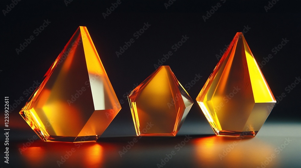 Poster three amber crystal formations on a glossy surface with dark background creating depth