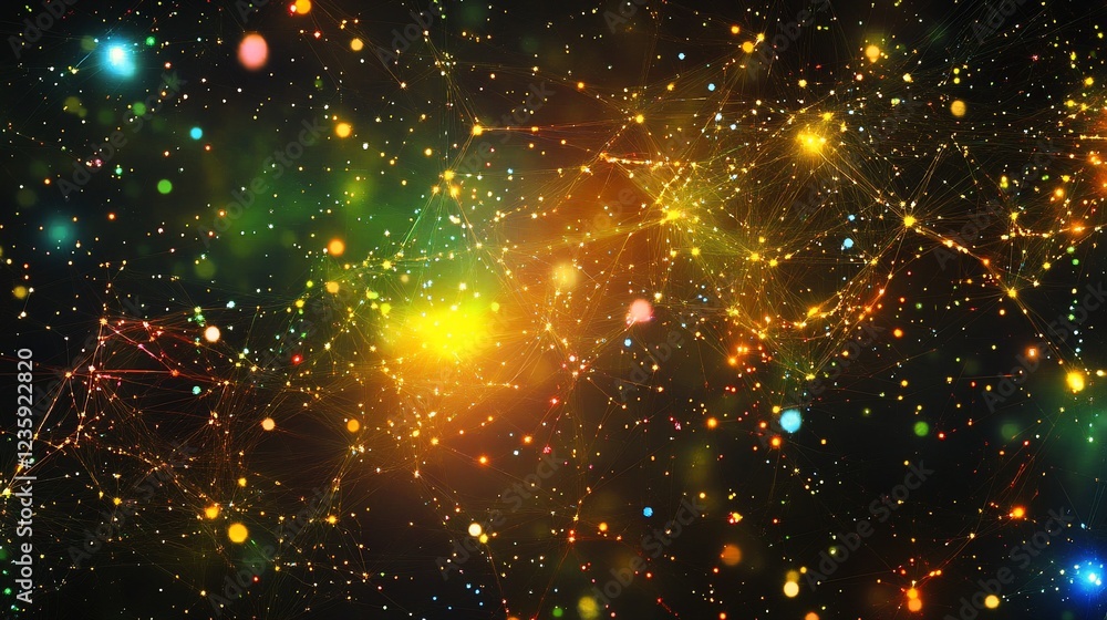 Poster abstract network of interconnected glowing nodes with colorful light points in a dark background
