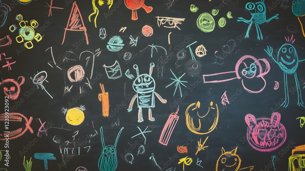 Poster Vibrant doodle wall covered in a playful array of colorful sketches drawings and scribbles featuring various abstract shapes patterns symbols and whimsical characters like monsters aliens and robots