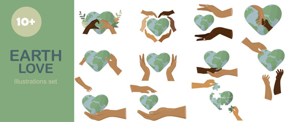 Earth Love Heart-Shaped Globe Diversity Hand Illustrations Set. diverse hands interacting with heart-shaped Earth globes, representing unity and environmental care. Vector illustration set. 