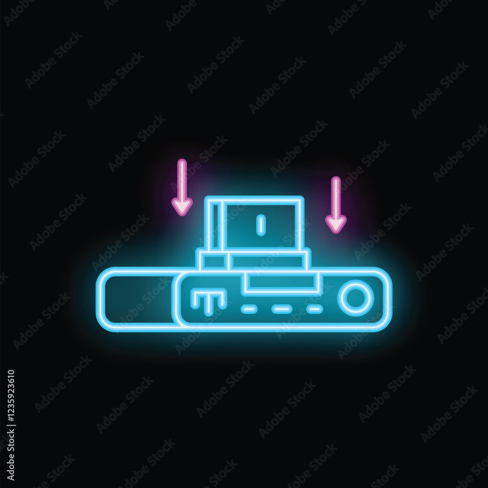 Poster blue and pink neon sign representing a game cartridge being inserted into a game console