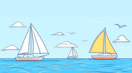 Naklejka premium Boats sailing on summer ocean, peaceful coastal scene,