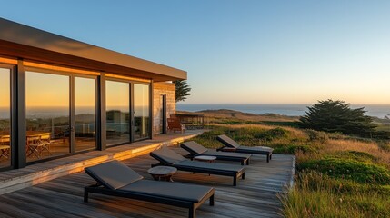 Obraz premium Coastal sunset luxury deck chairs ocean view